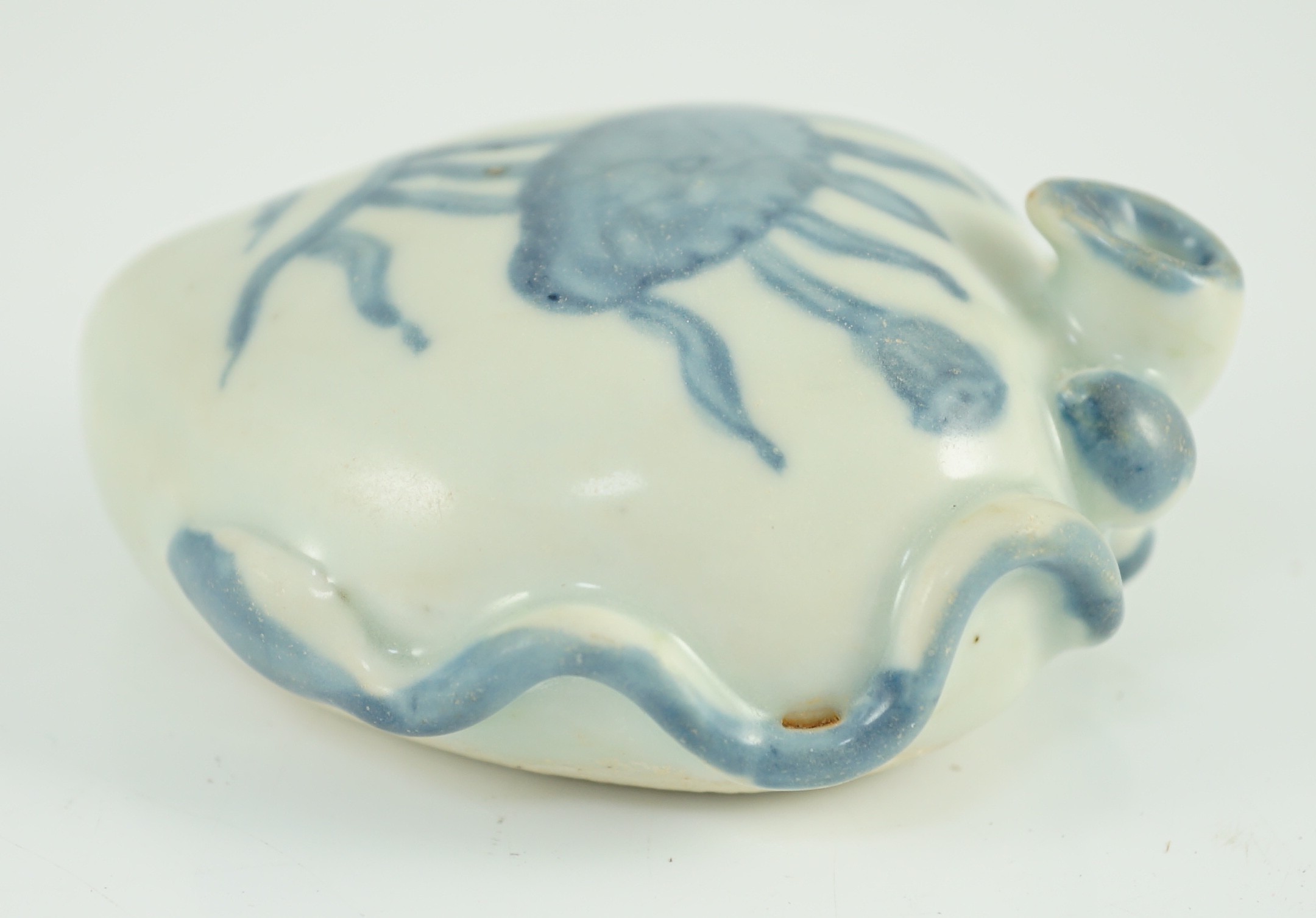 A Chinese Ming blue and white peach form waterdropper, 9.4cm long